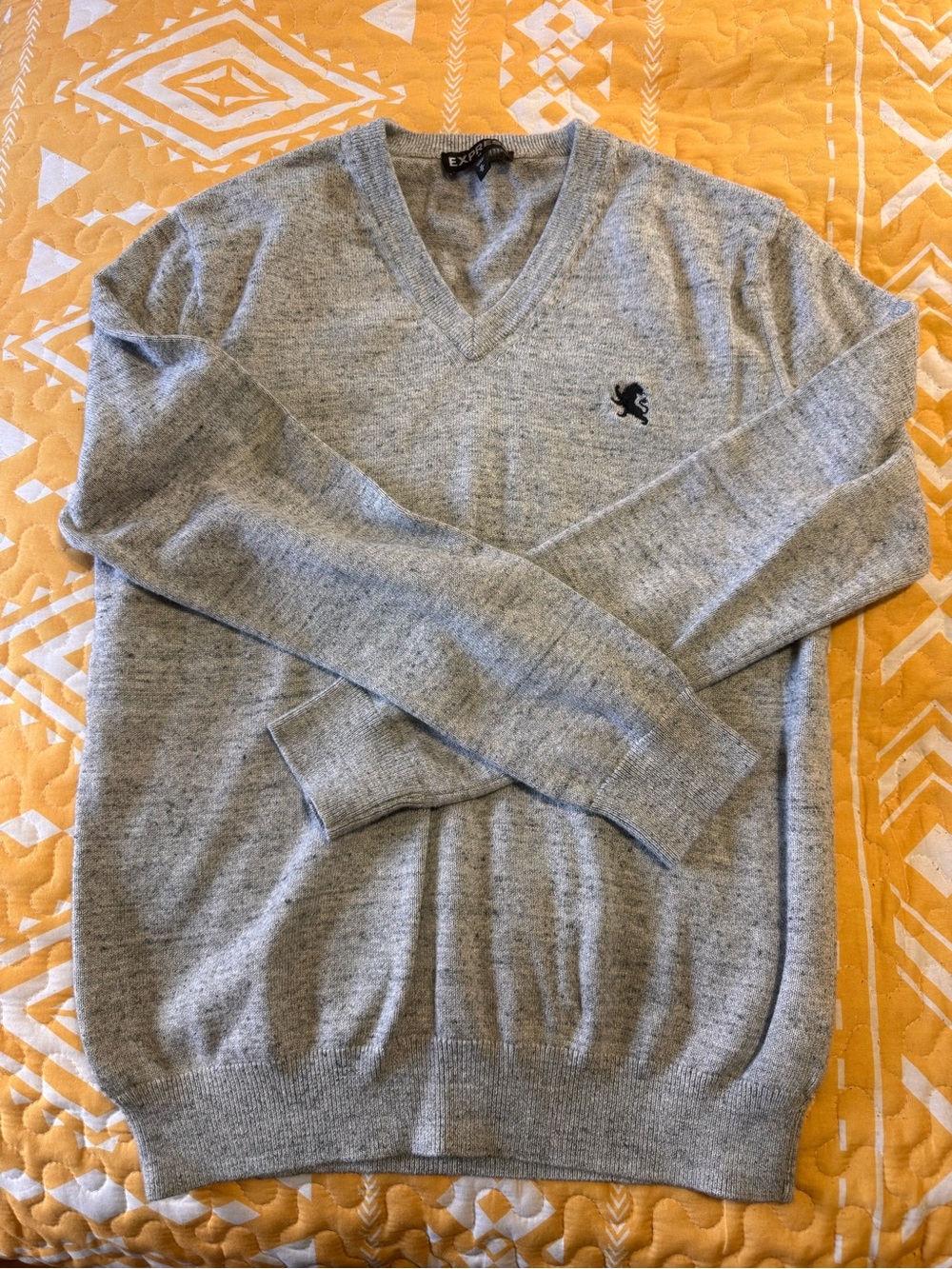 Express Men's Light Gray V-Neck Sweater with Embroidered Logo